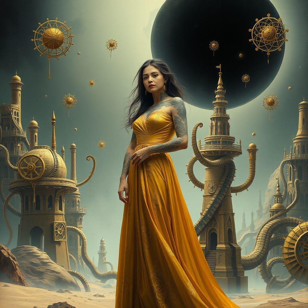 Woman in Dreamlike Landscape as Surreal Oil Painting