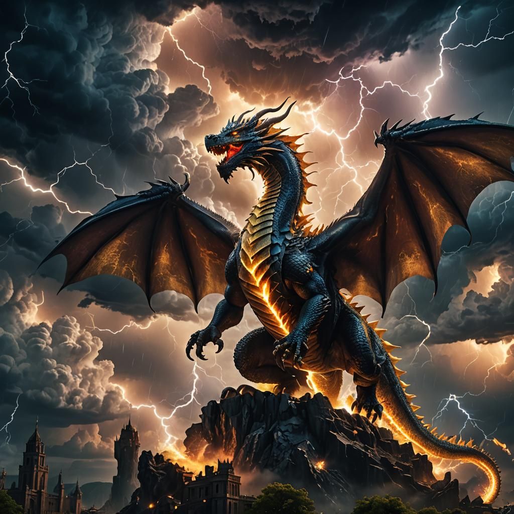 Majestic Dragon Soaring Through Stormy Skies