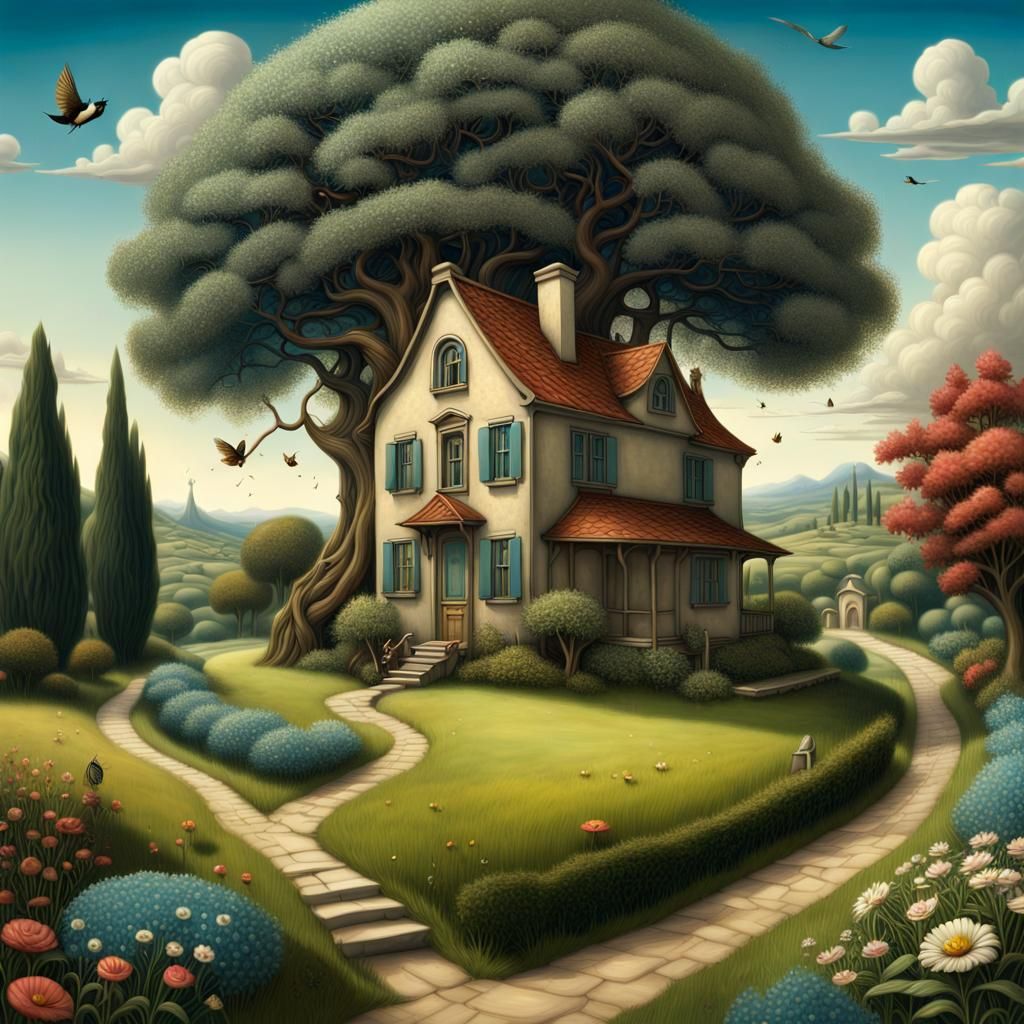 Dreamlike Hyperrealistic Landscape with Animals in Spring Li...