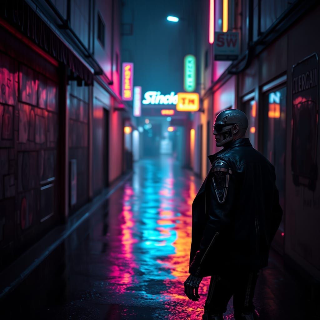Cyberpunk Terminator Patrols Neon Alleyway