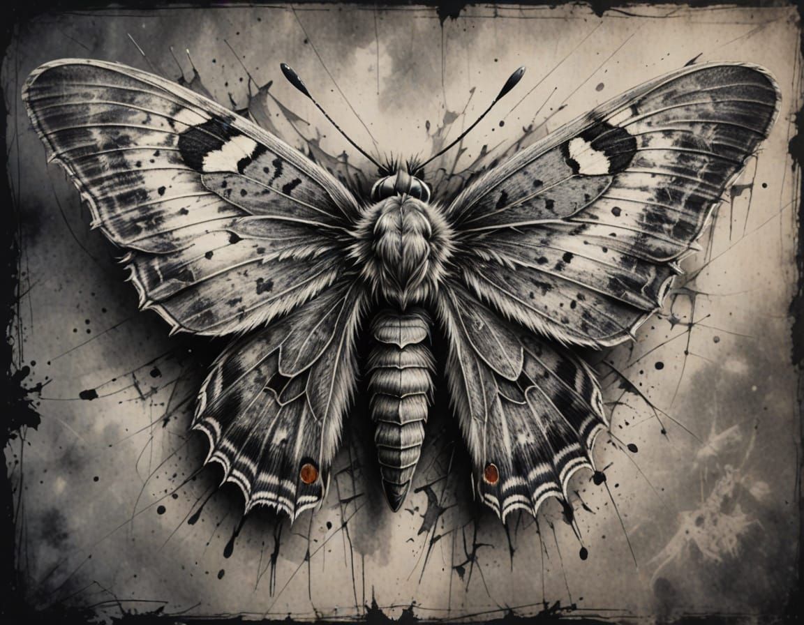 Hyper Realistic Charcoal Drawing of a Tattered Grey Moth