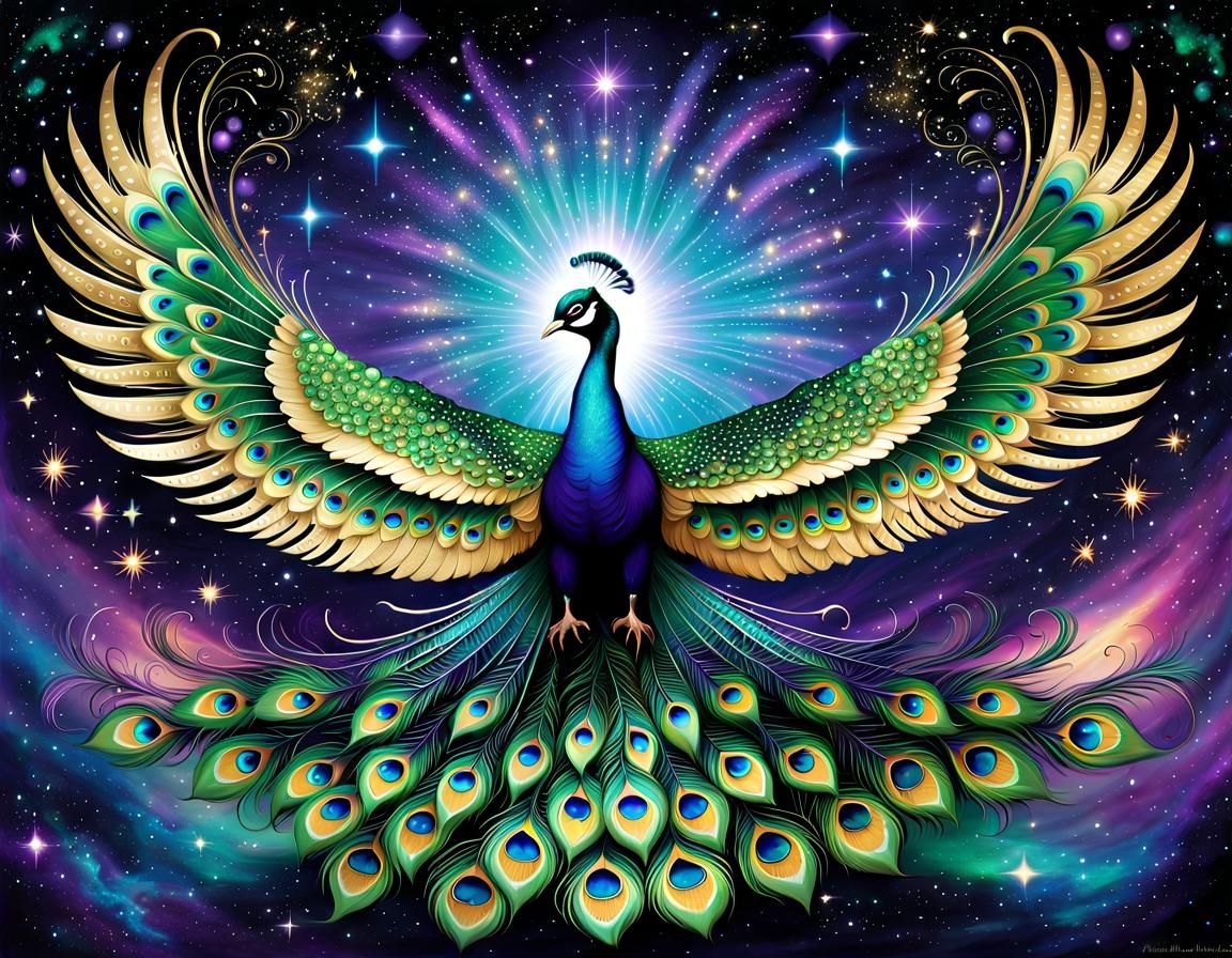 Cosmic Phoenix Peacock in Opalescent Art Deco Style