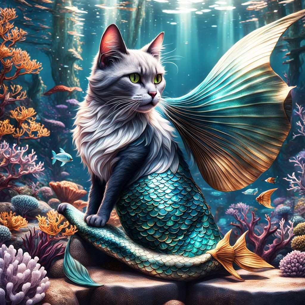 Cat with Mermaid Tail Fantasy Concept Art