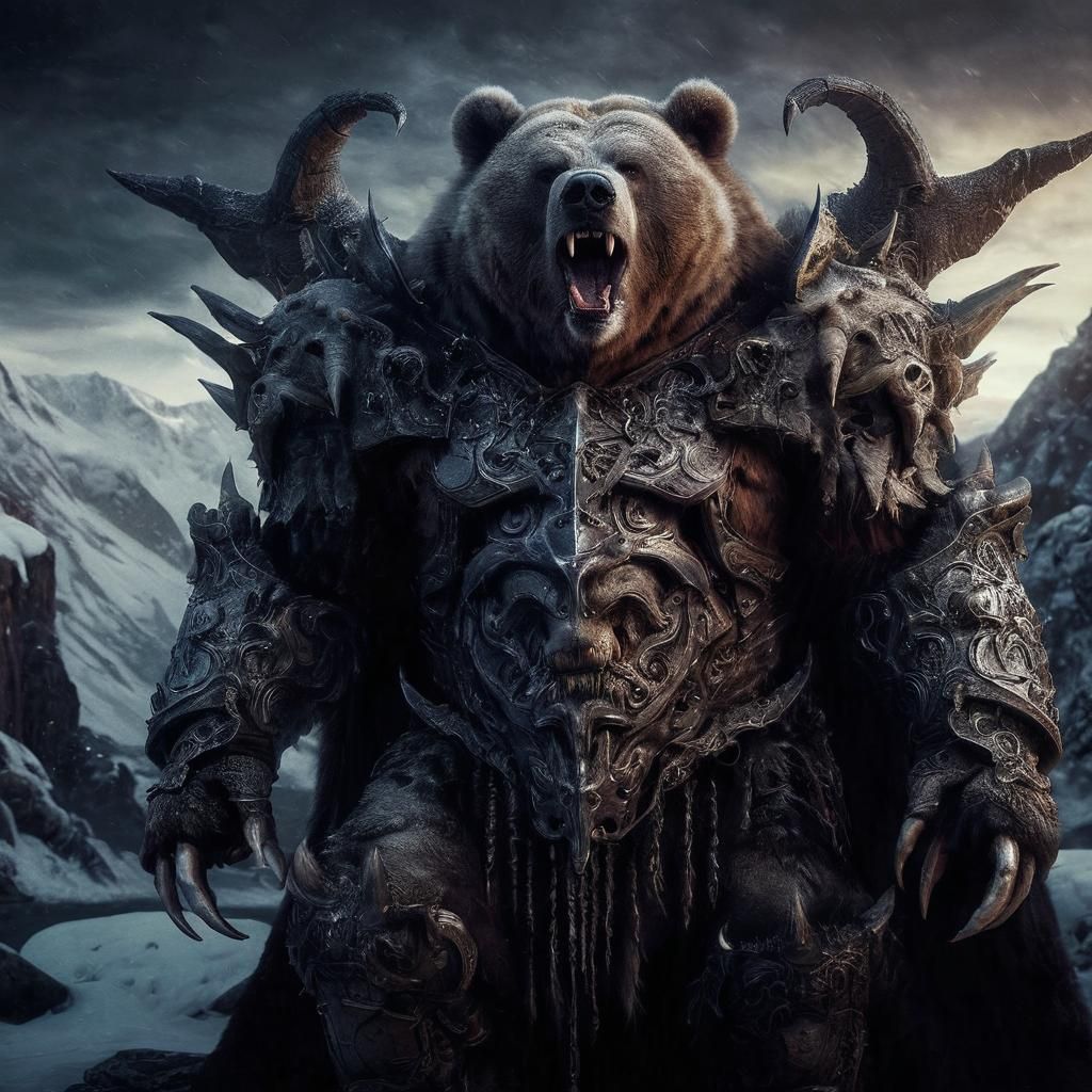 Armored Kodiak Bear in Dark Elemental Setting