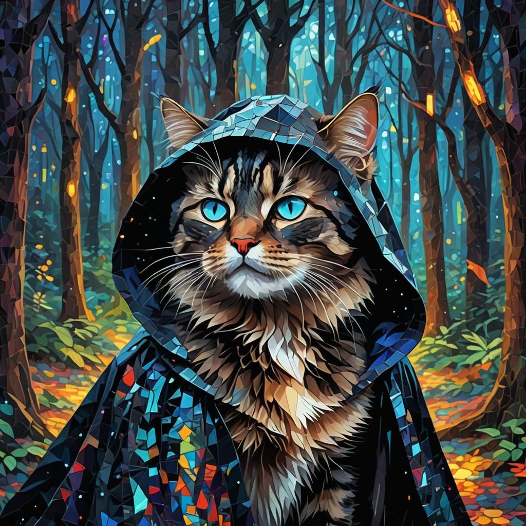 Mystical Glitch Cat in a Digital Forest