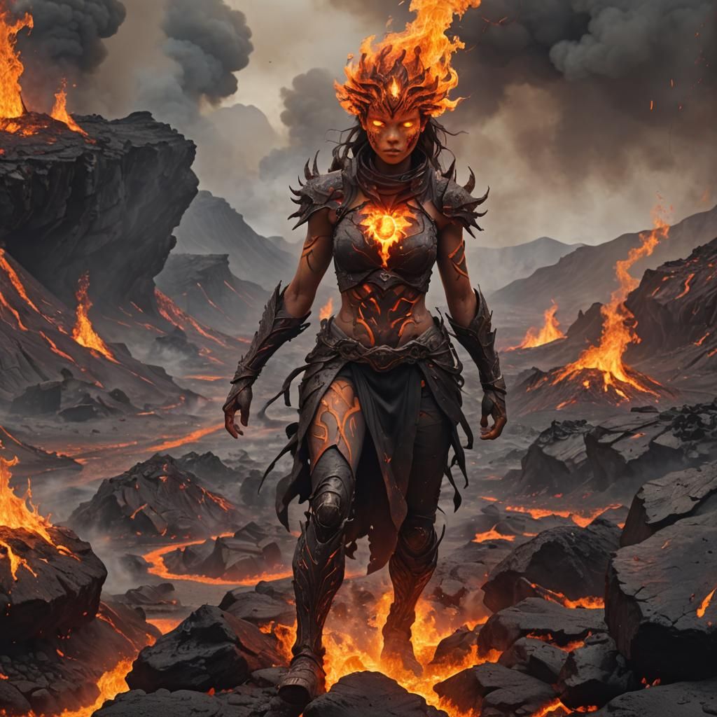 Fire Elemental Woman in Volcanic Landscape