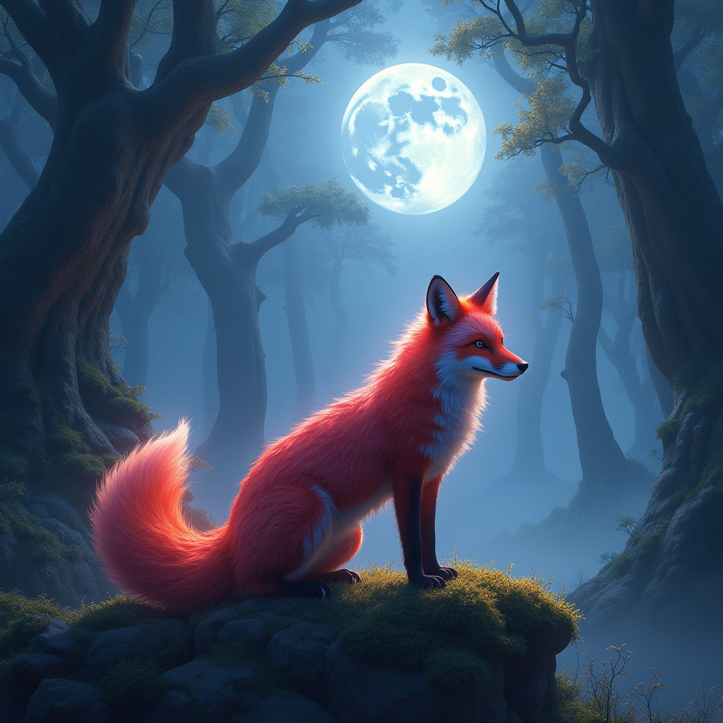 Ethereal Fox in Primeval Forest, Digital Painting