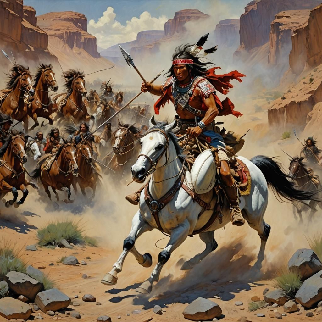 Native Warrior Charges into Battle: Oil Painting