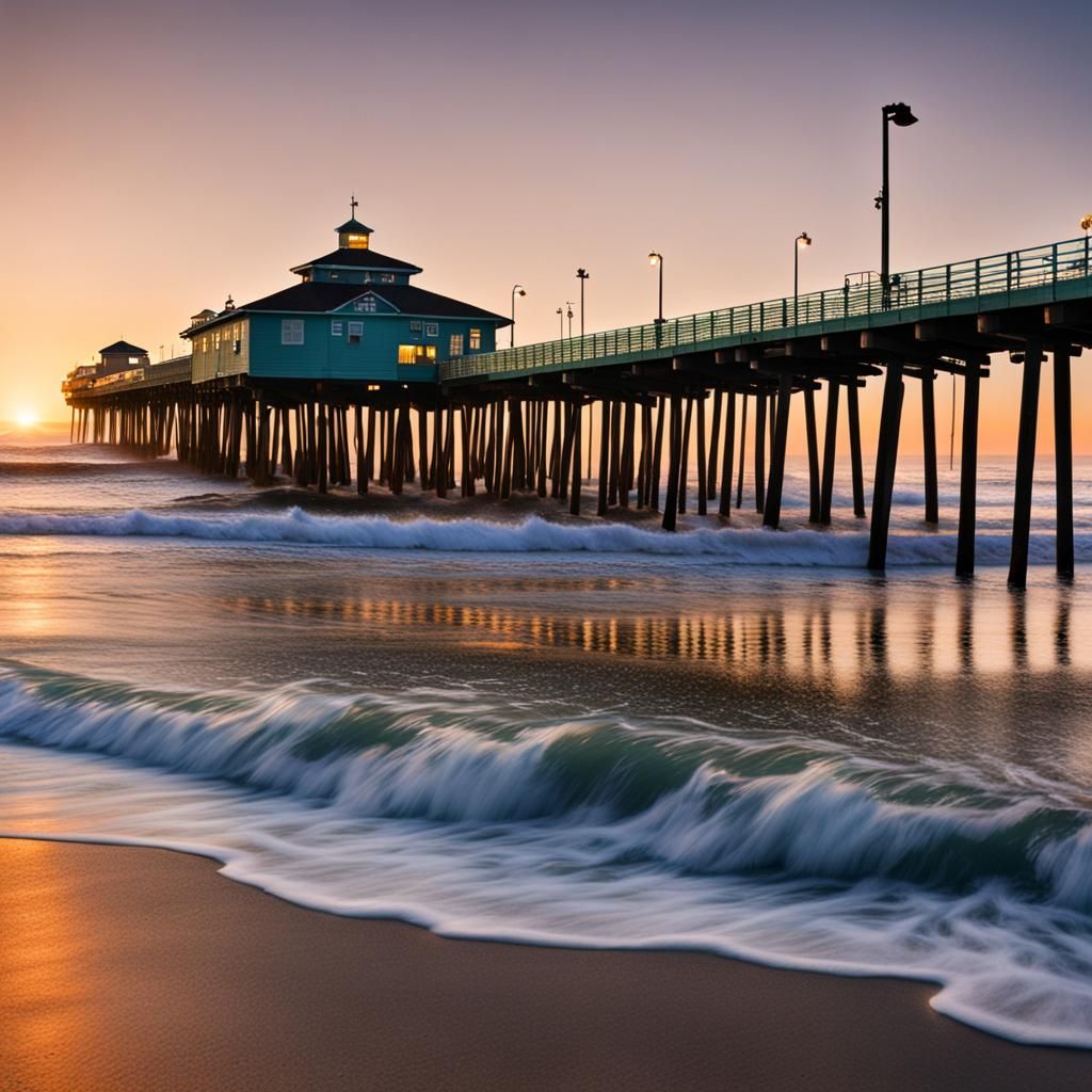 Beach Pier in Ocean Waves at Dawn