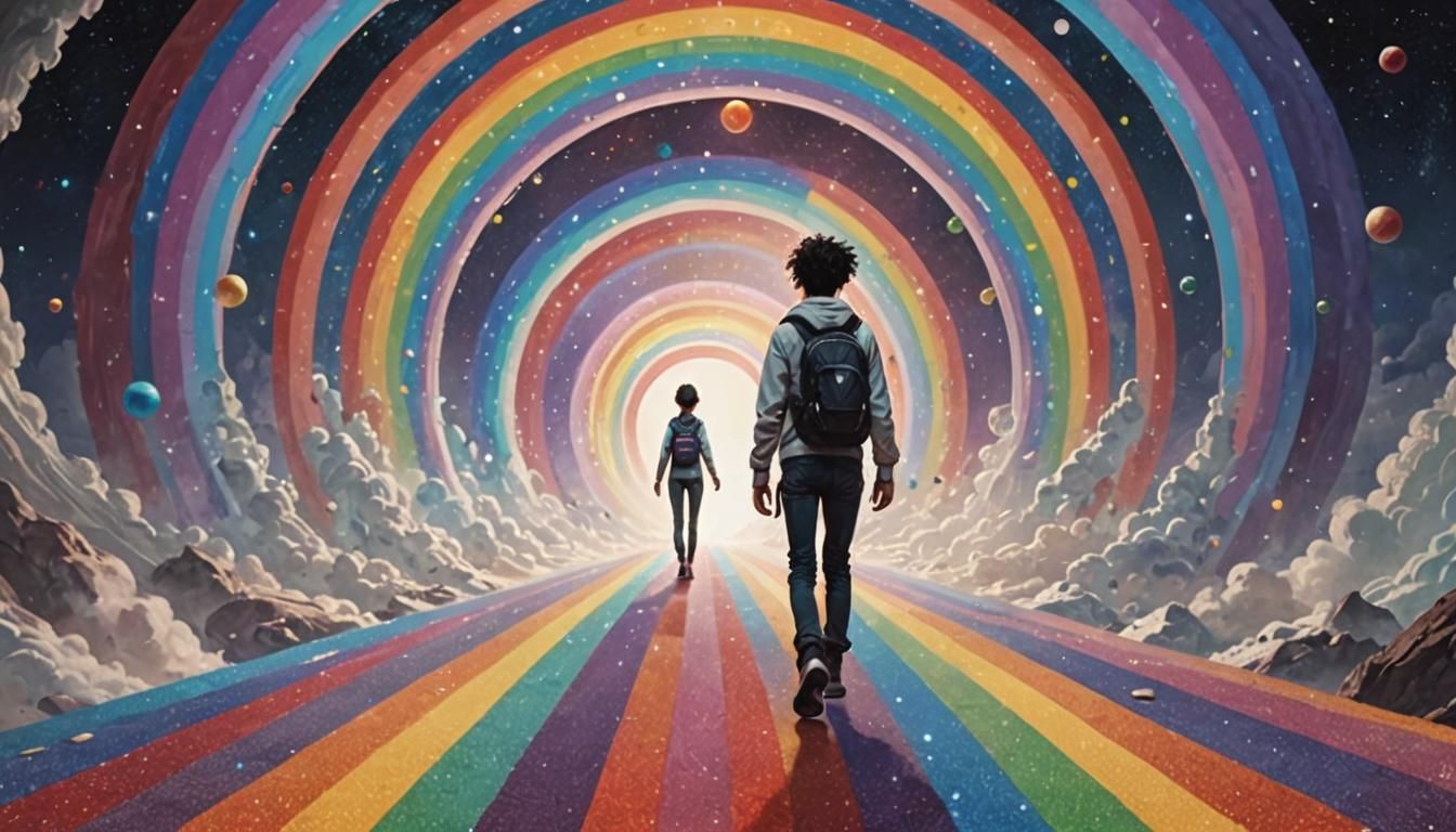 Androgynous Figures Traverse a Multiverse Portal