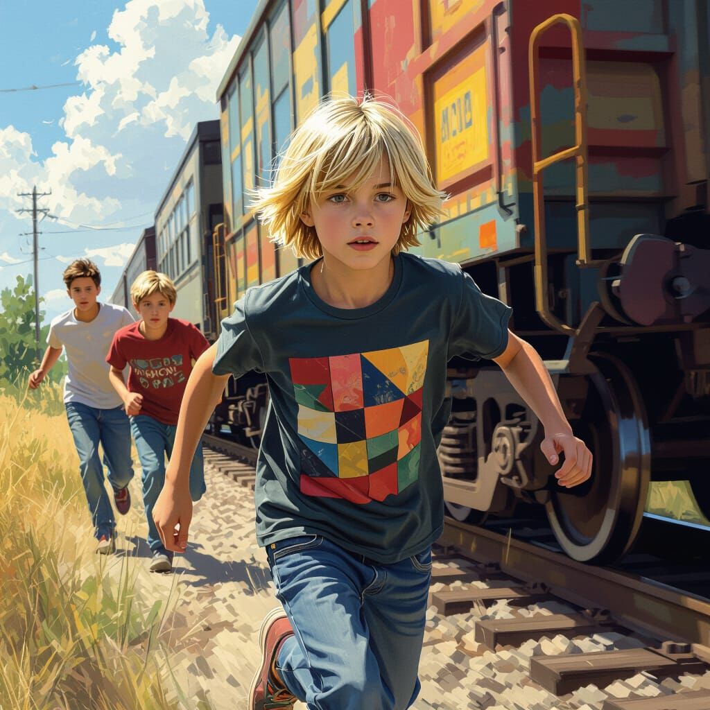 Boys Chase Freight Train in Hyperrealistic Splash Art Style