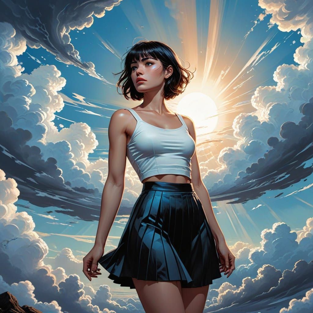 Young Woman in Serene Landscape, Inspired by Comic Book Art