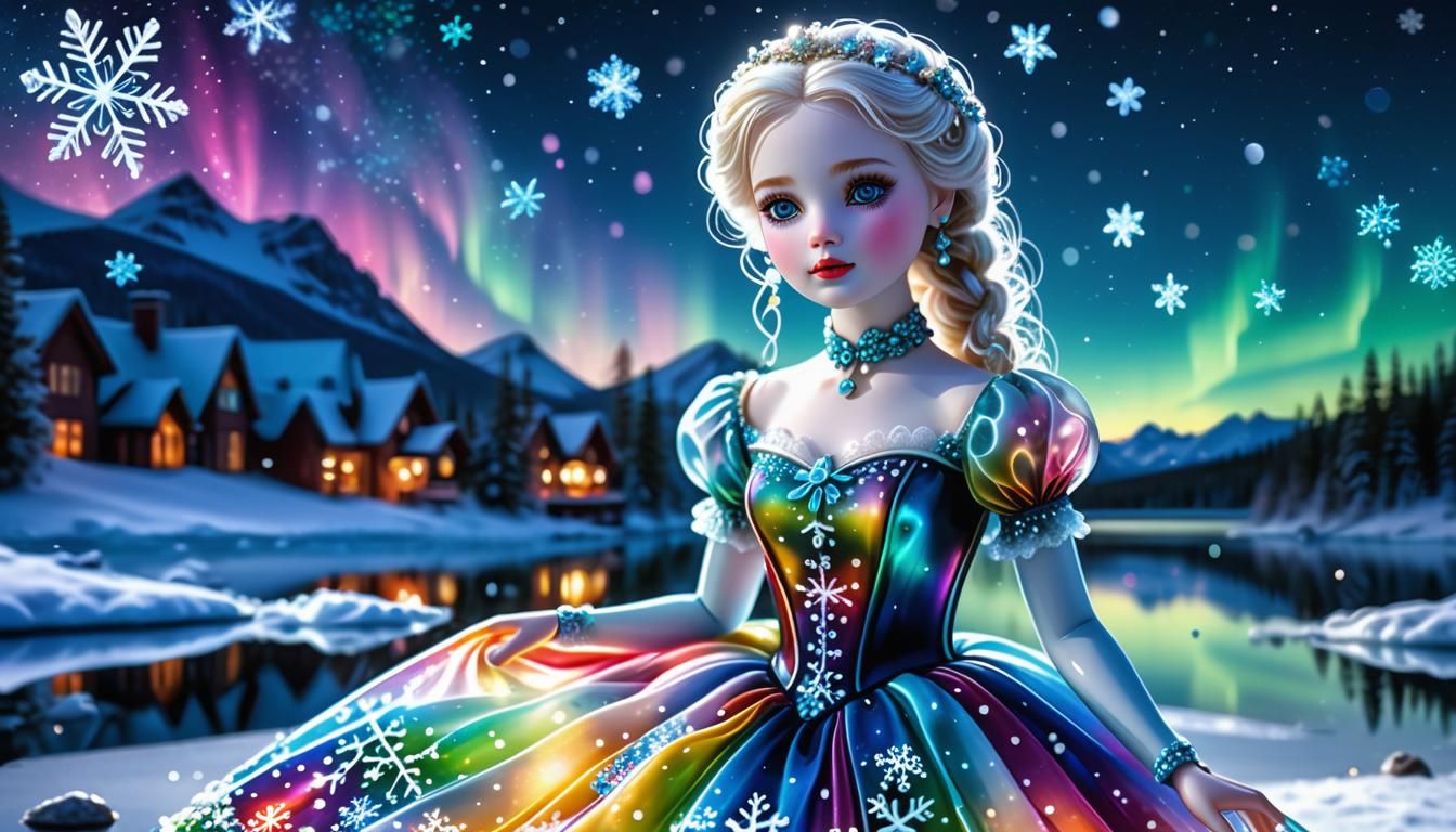 Glass Porcelain Doll in a Glittering Snow Scene