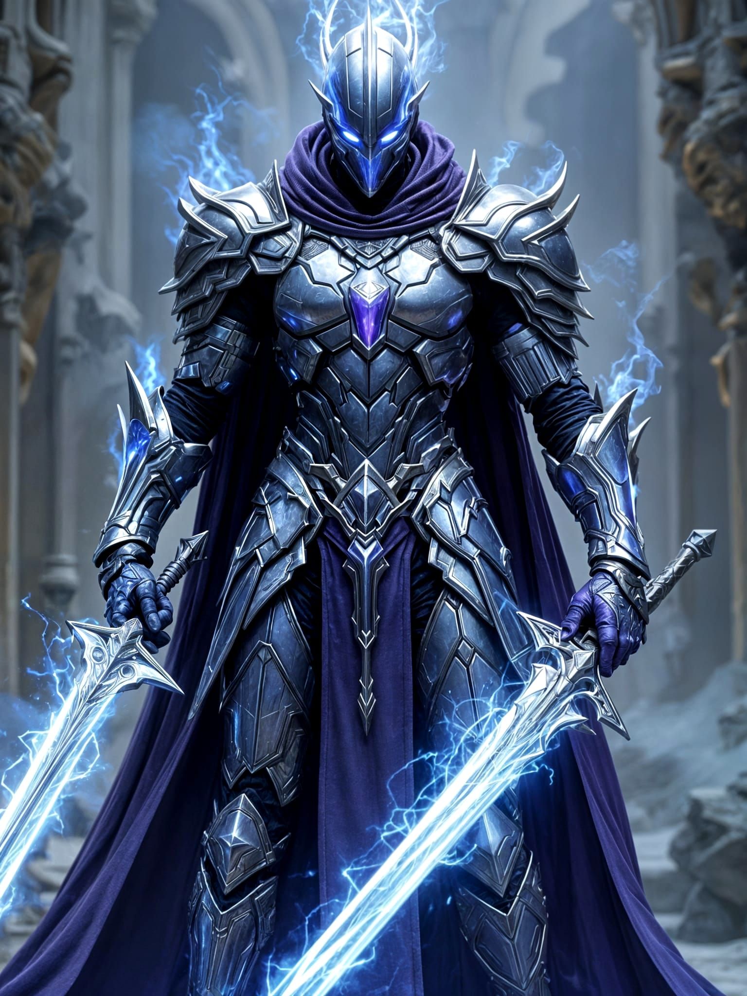Armored Warrior with Plasma Swords in Fantasy Style
