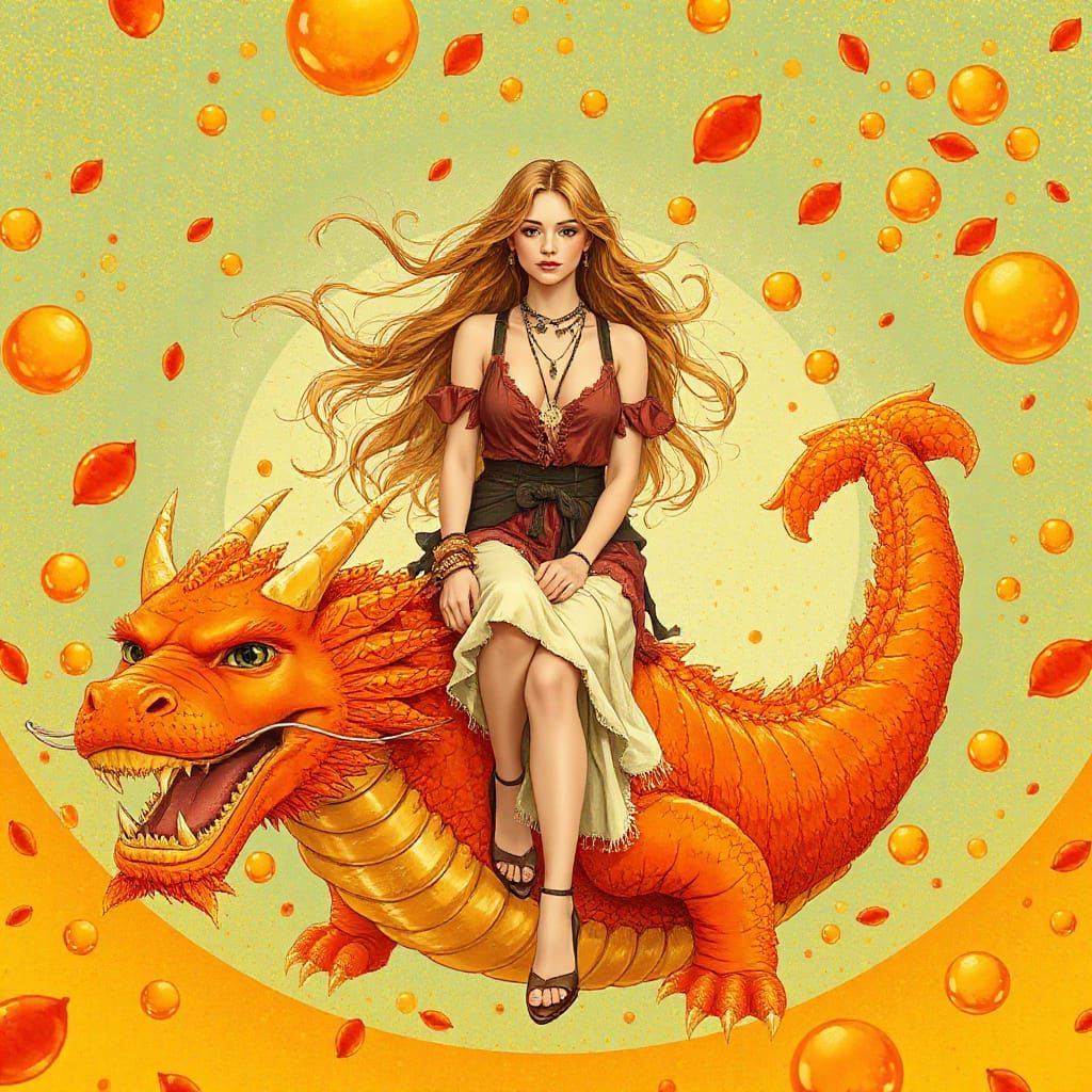 Bohemian Woman on Gummy Dragon in Effervescent Soda Sea