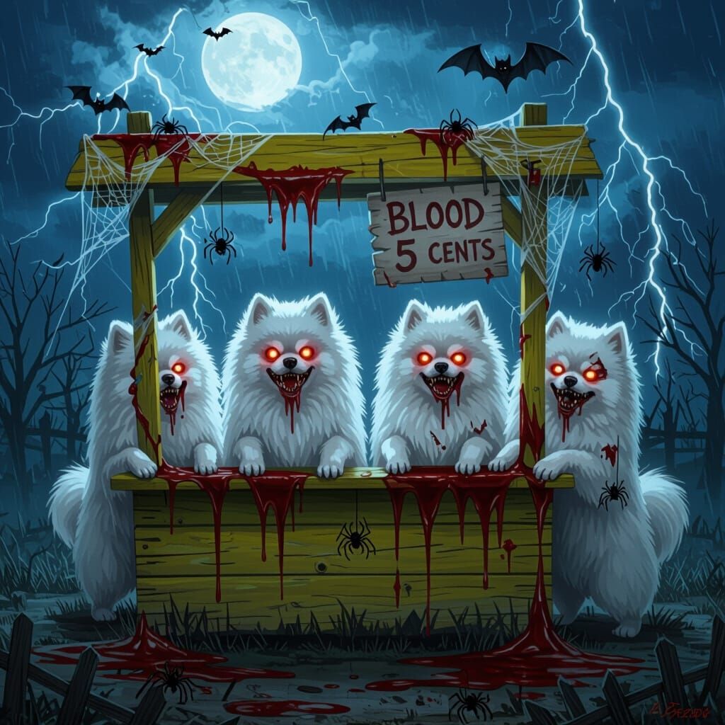Zombie Pomeranians Run Slime Stand on Haunted Moonlit Night