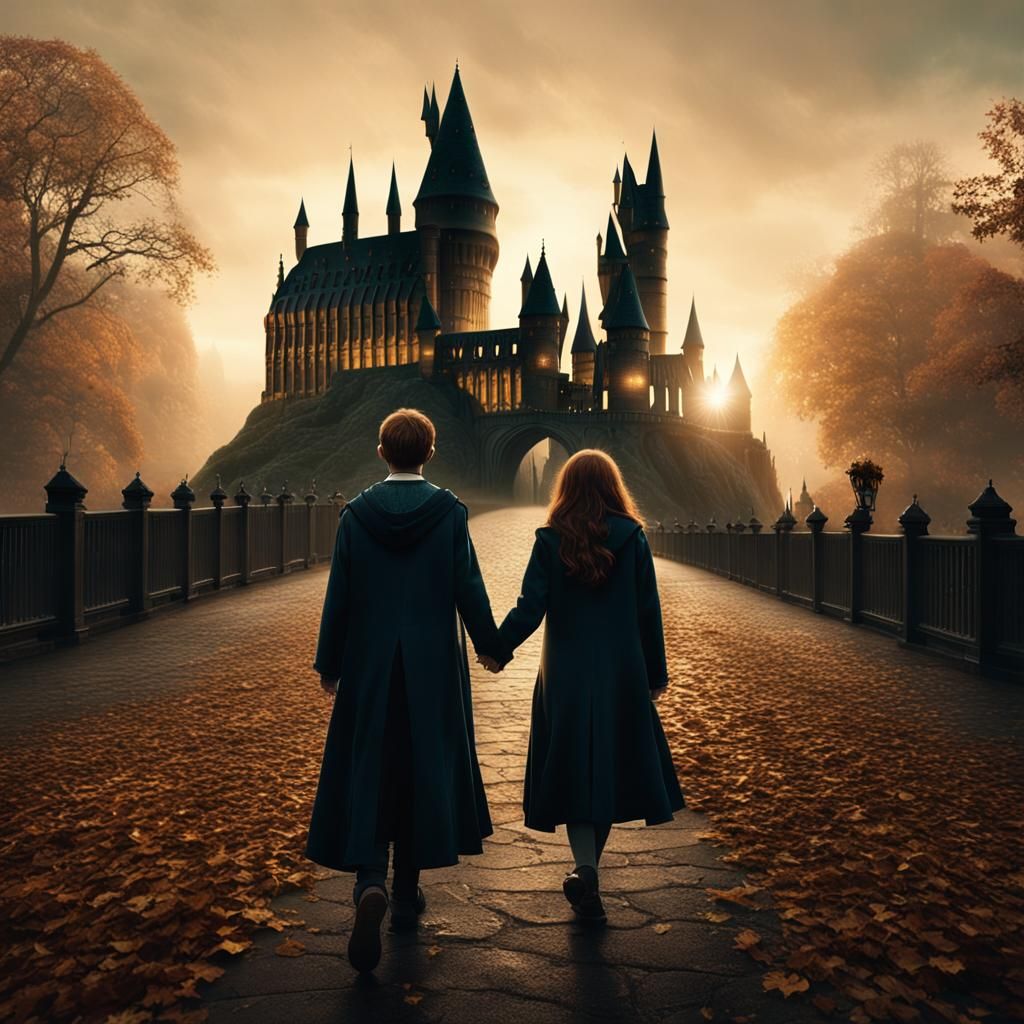 Harry Potter and Ginny Holding Hands at Hogwarts
