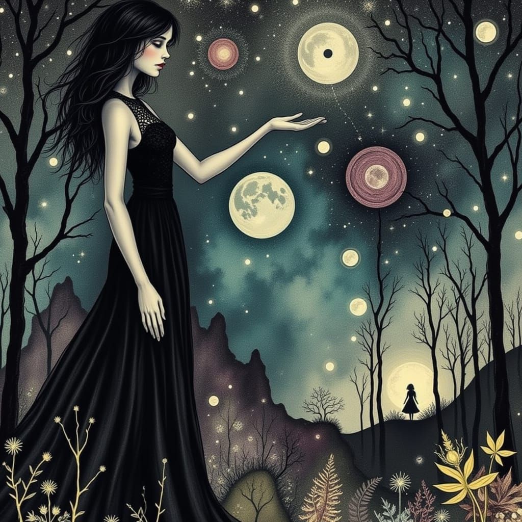 Goth Girl in Dreamlike Cityscape