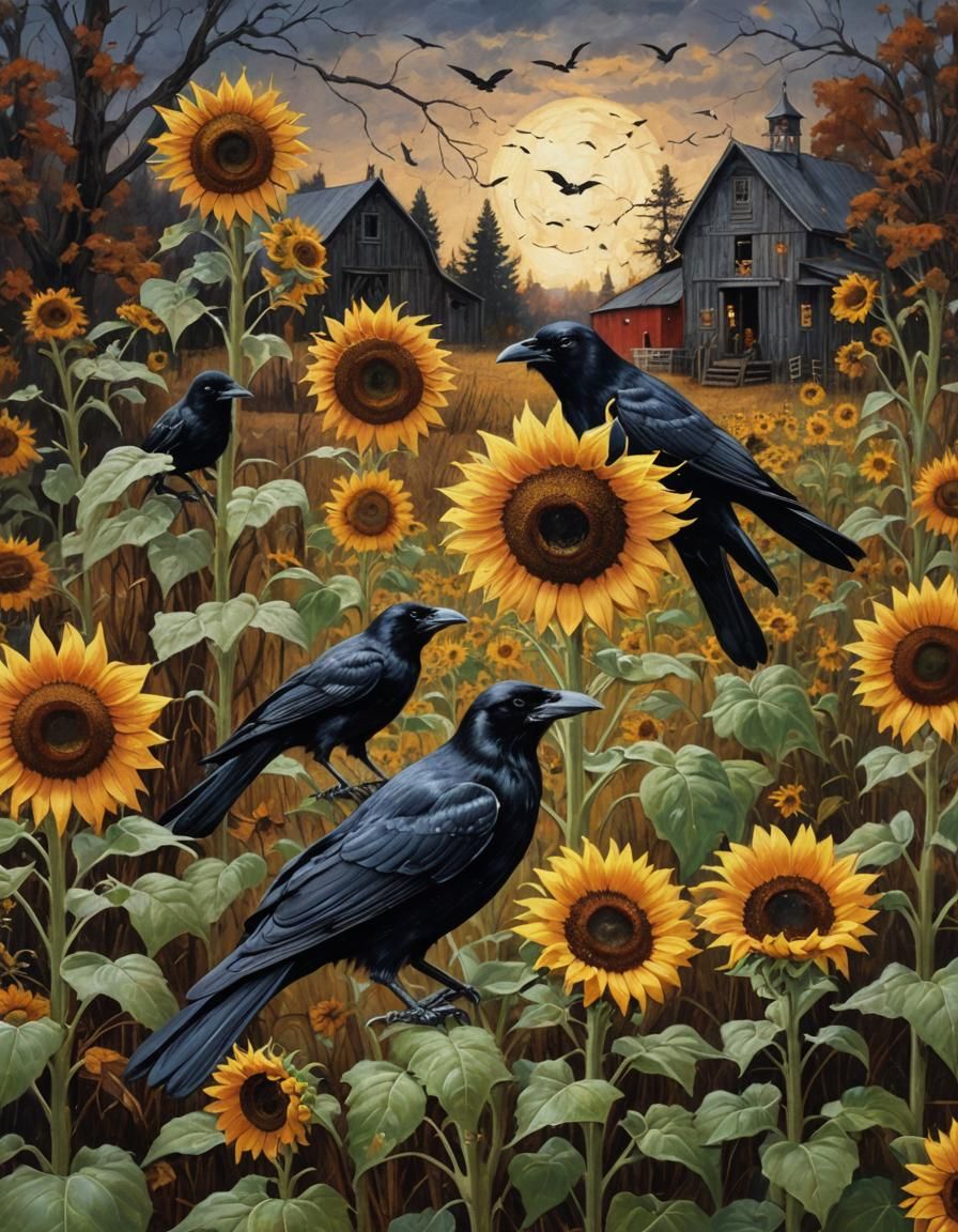 Spooky Rustic Autumn Farm Scene with Crow and Witch Seeds