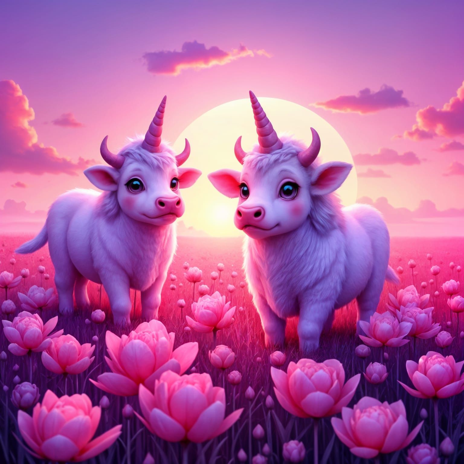 Cute Fluffy Cows as Unicorns in Synthwave Peony Landscape