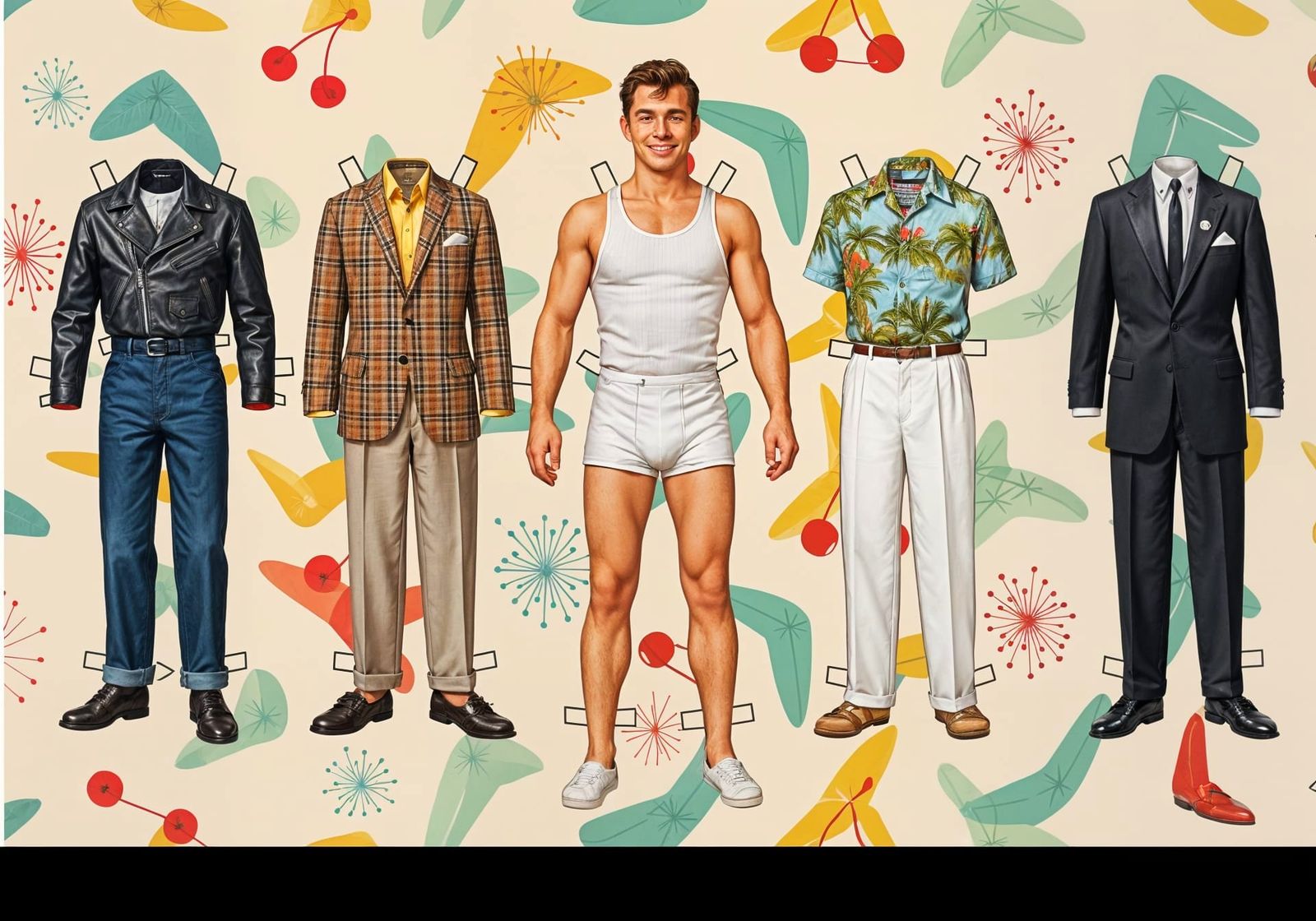 Vintage 1950s Men's Paper Doll Set in Retro Style