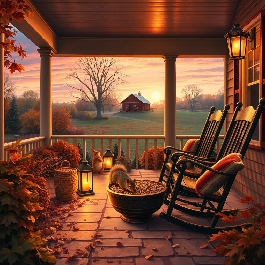 Cozy Farmhouse Scene with Squirrels and Fall Foliage in Warm...