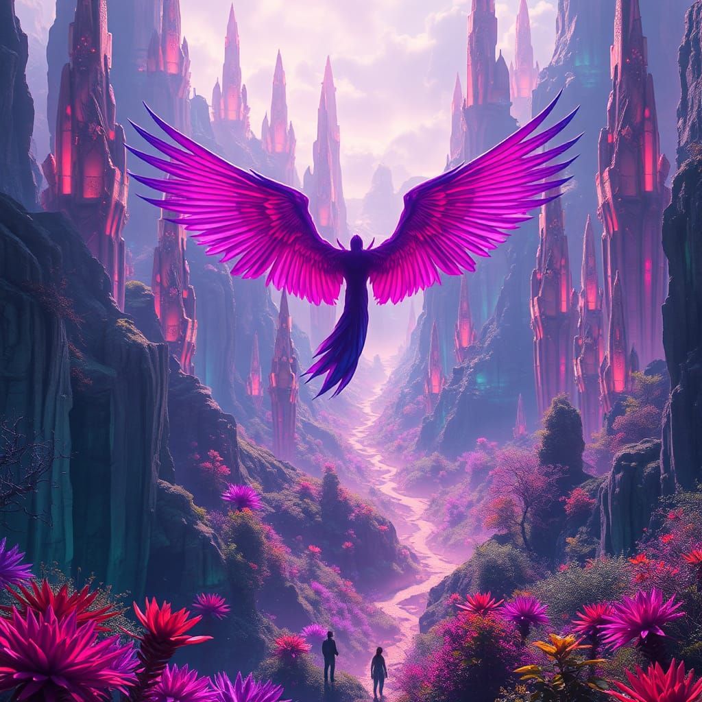Winged Figure Soaring in Neon Valley