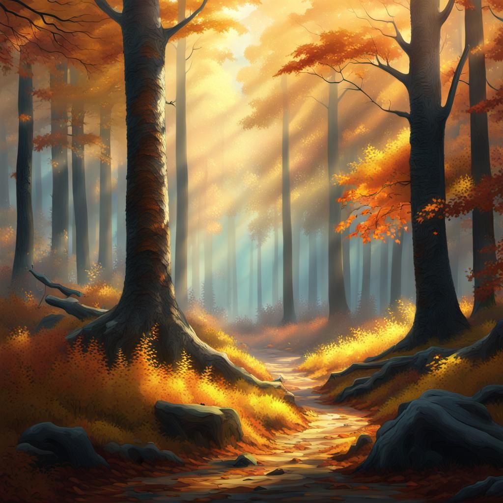 Majestic Autumn Forest Digital Matte Painting