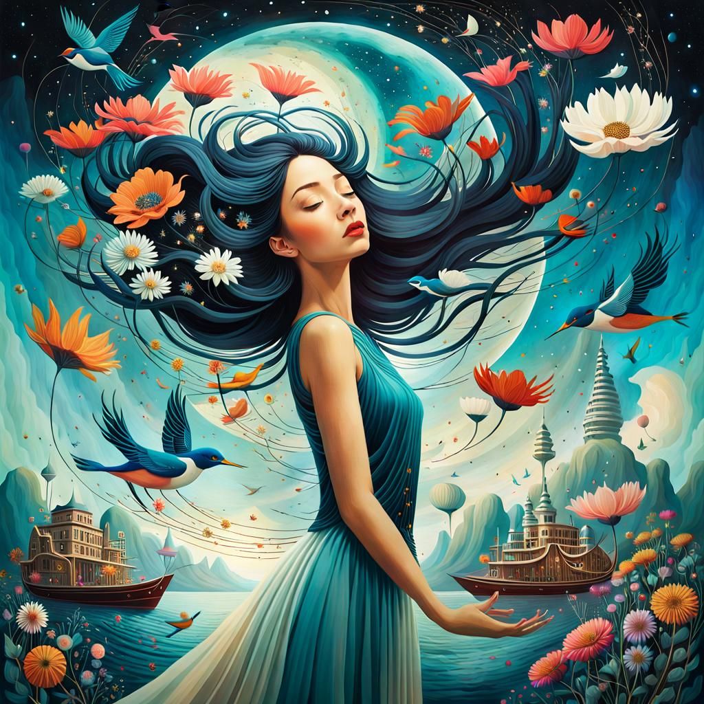 Surreal Upside-Down Woman Holding the Cosmos