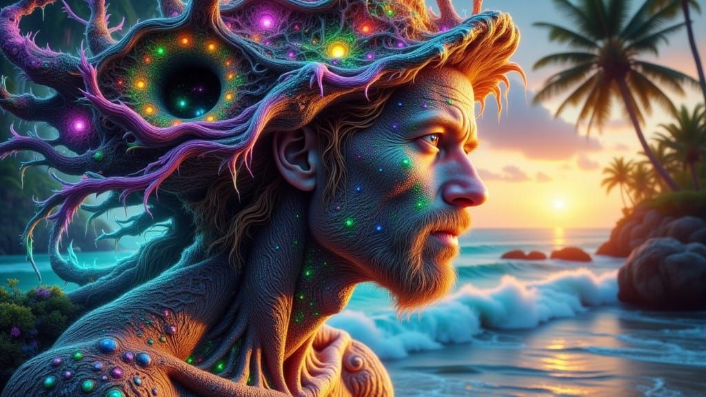 Binary Man on Tropical Beach in Digital Art Style