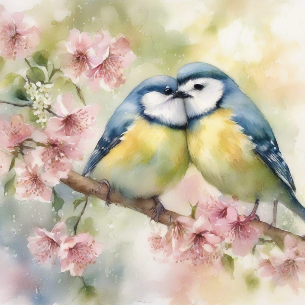 Bluetits Shelter in Elderflower Blossoms: Watercolour Splash...