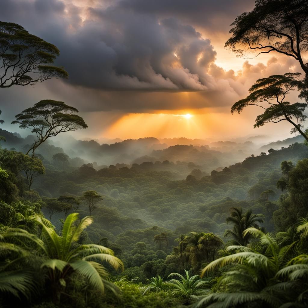 Tropical Rainforest Sunset Over Majestic Valley