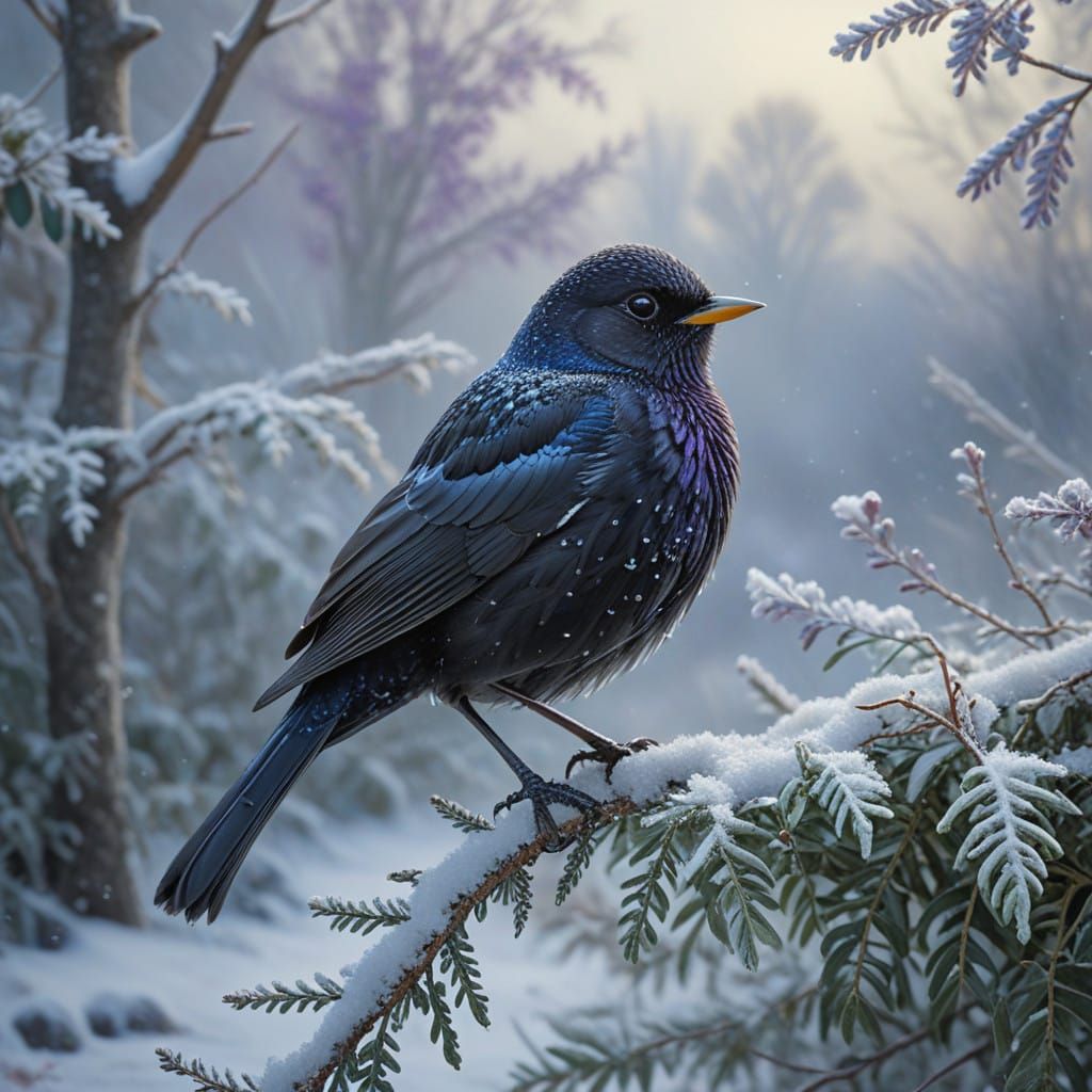 Majestic Blackbird on Frosty Winter Morning