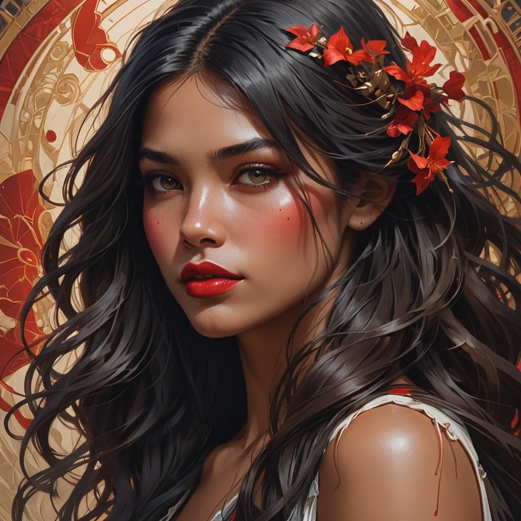 Portrait with Dark Hair and Red Lips, Detailed Art