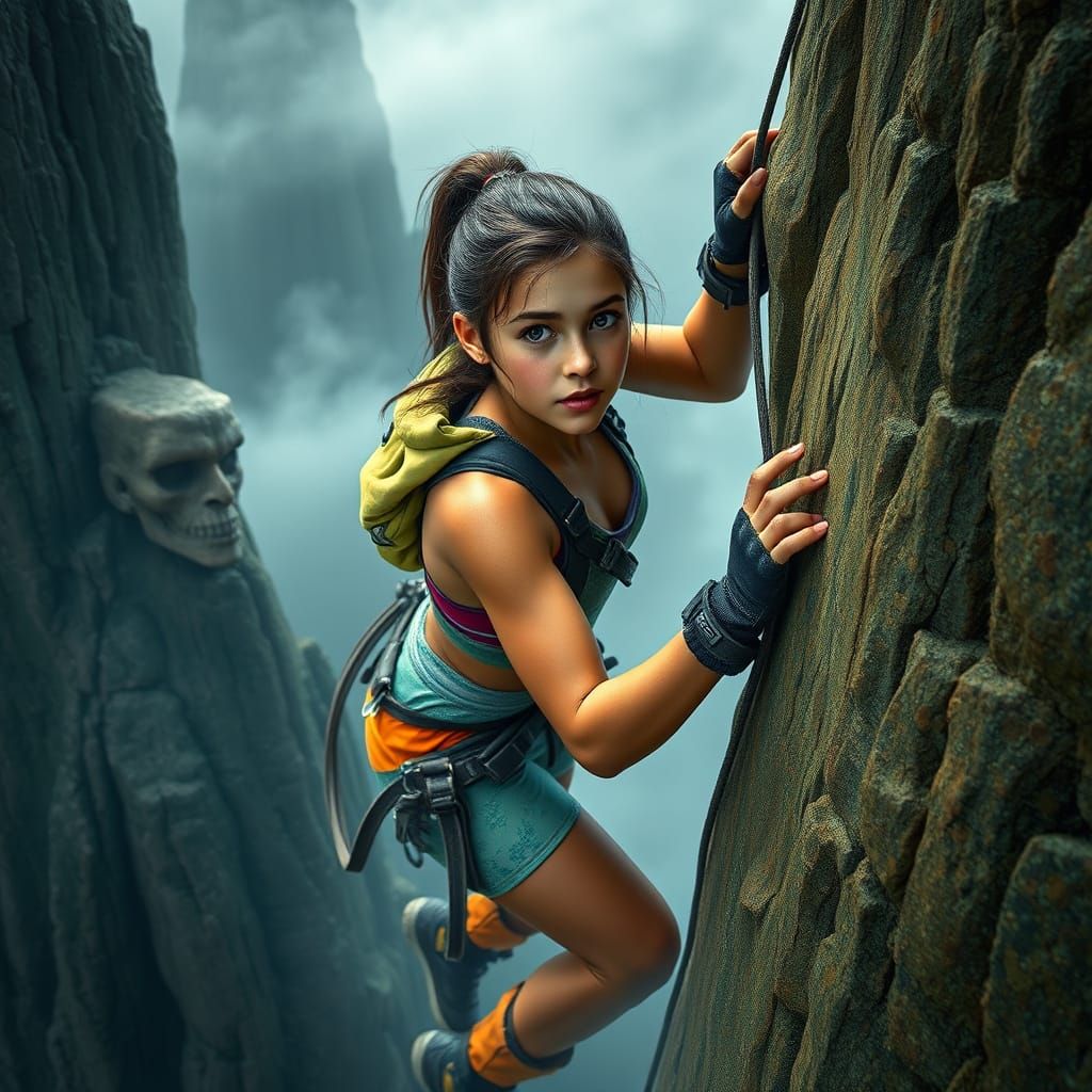 Girl Climbing Ancient Rock Formation in Vibrant Gear