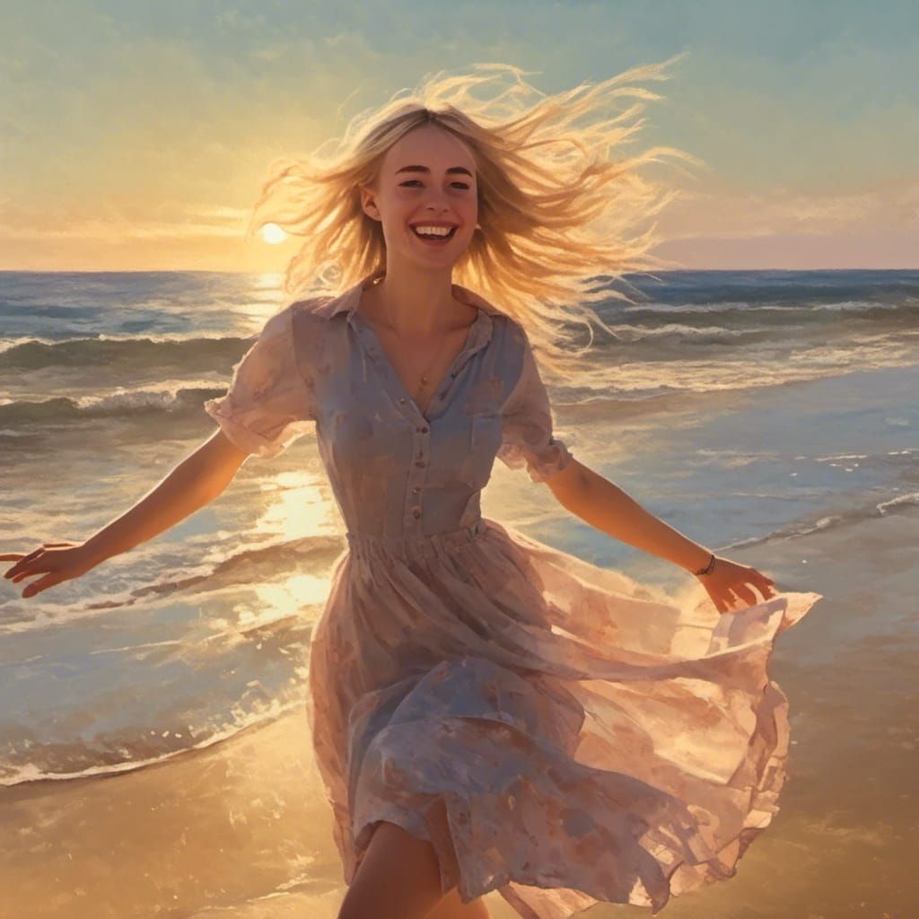 Blonde Girl Dancing on Beach in Sunlight
