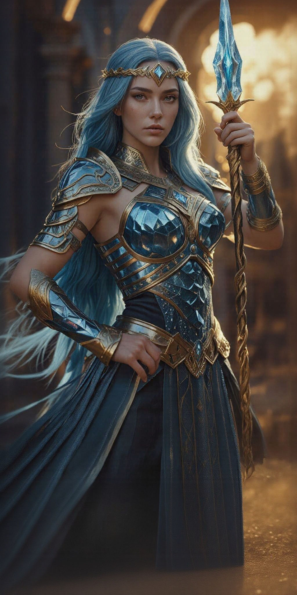 Crystalline Warrior Woman with Glowing Spear