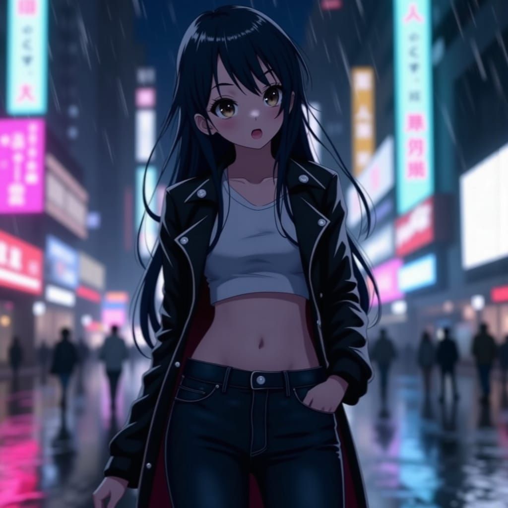Anime-Style Girl in Urban Landscape with Neon Lights