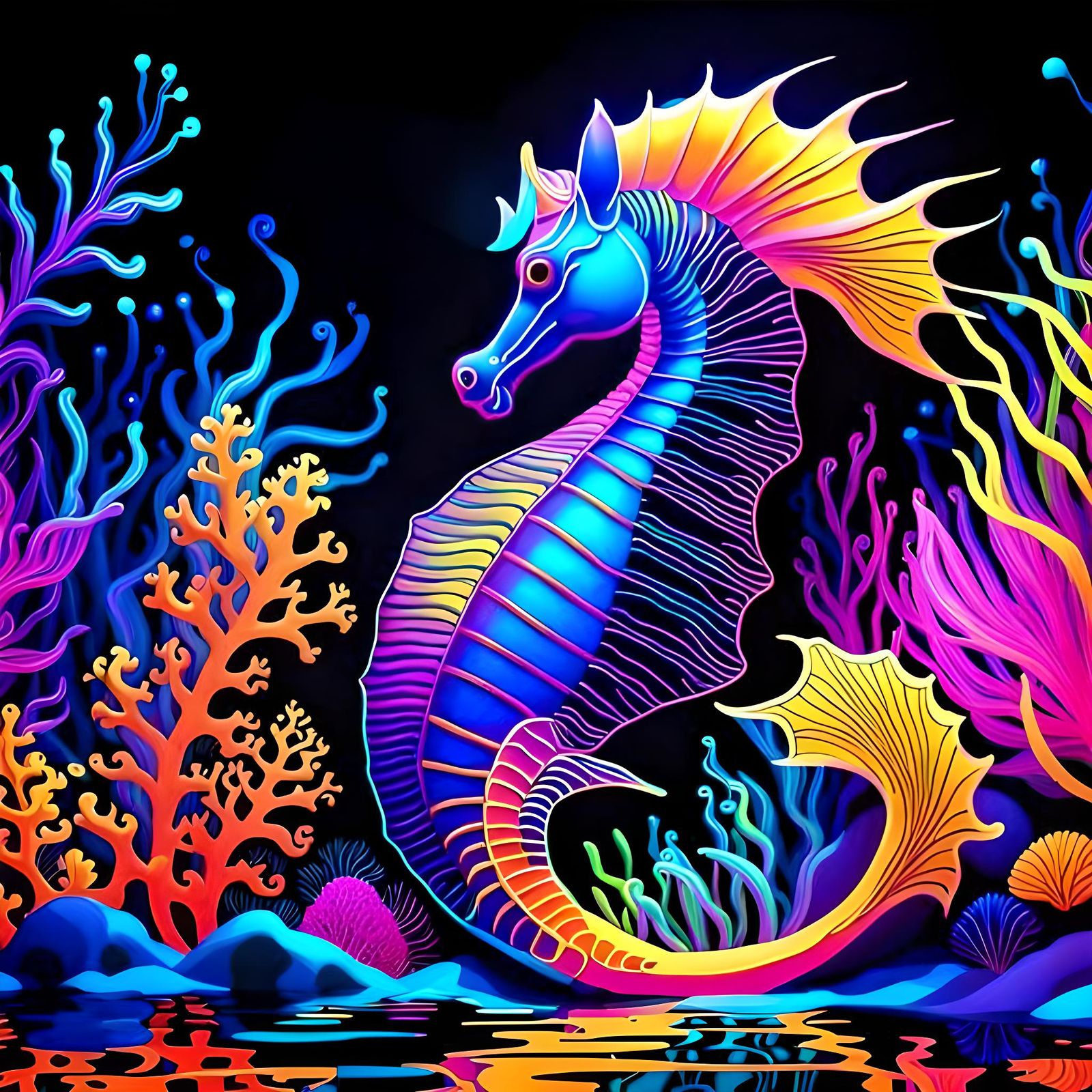 Neon Seahorse Black Light Art in 8K