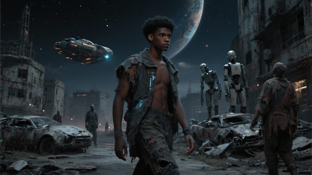 Sci-Fi African-American Man in Run-Down City