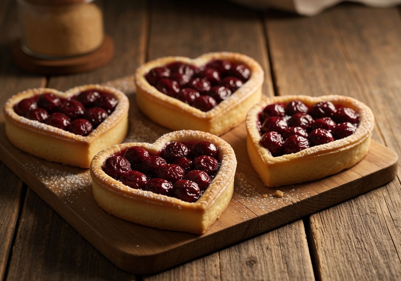 Heart-Shaped Cherry Tarts on Rustic Table