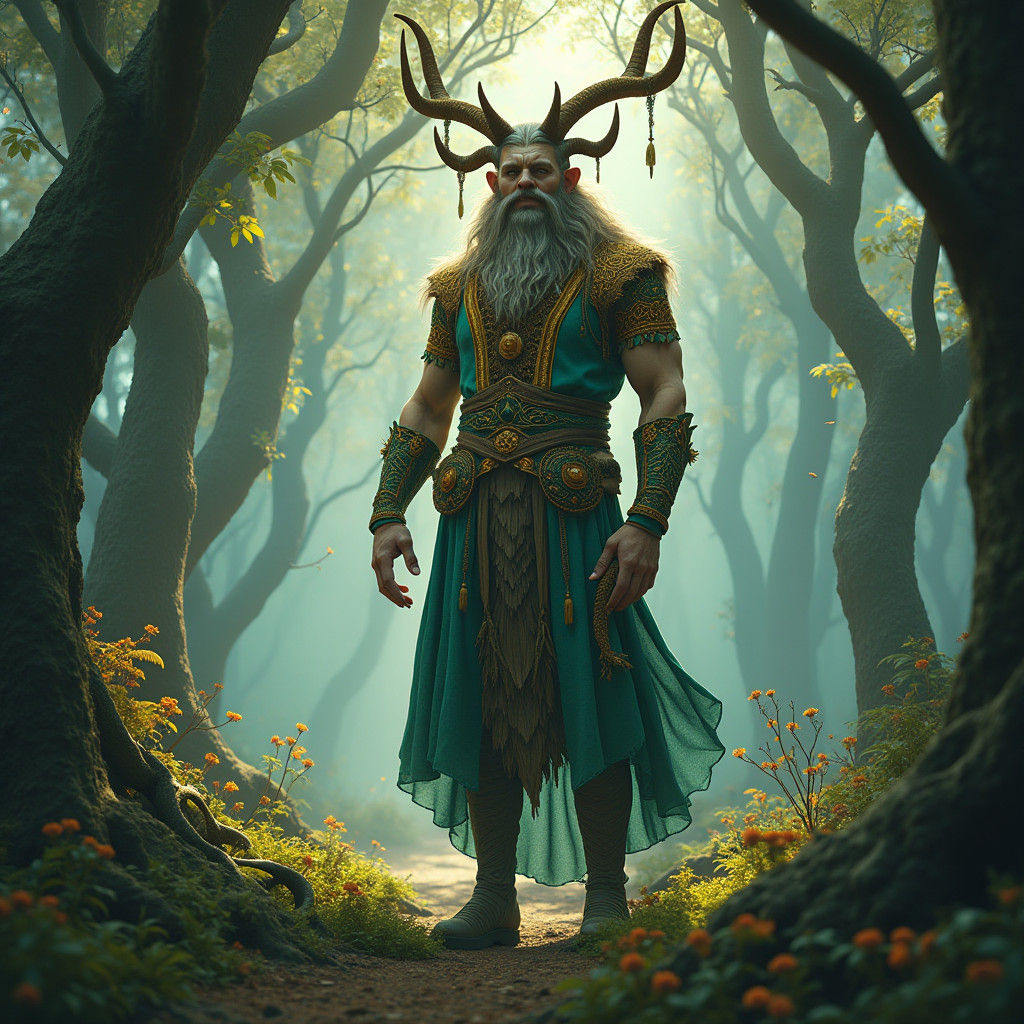 Mystical Horned God in Emerald Forest, Fantasy Art
