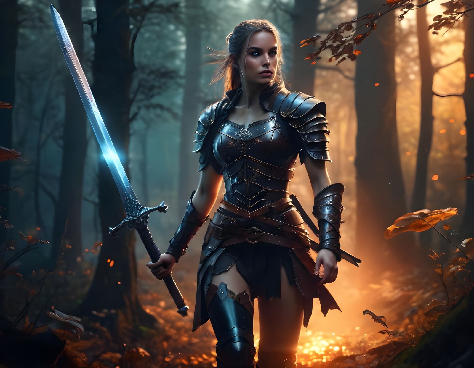 Warrior Woman with Sword in Magical Forest