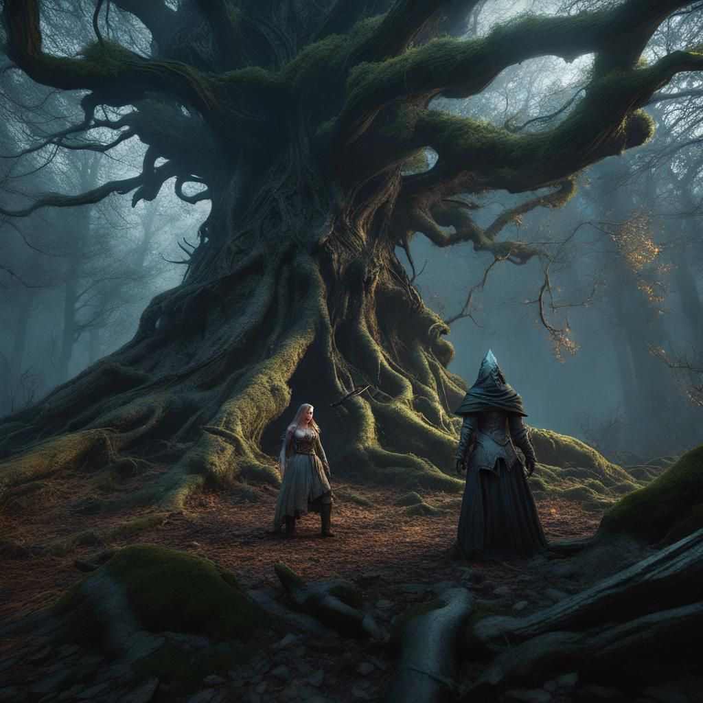 Celtic Princess vs Wizard in Dark Fantasy Forest