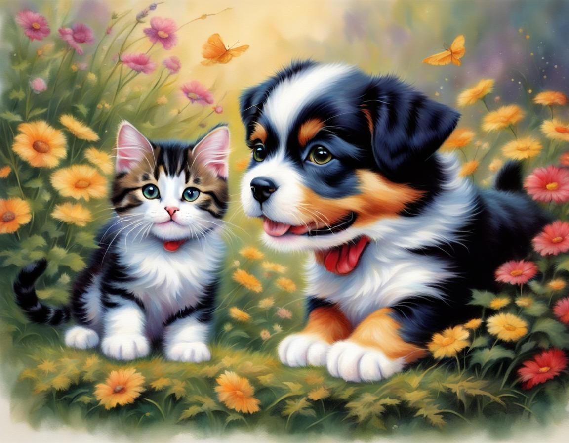 Happy Puppy and Kitten Together in Hyperrealism