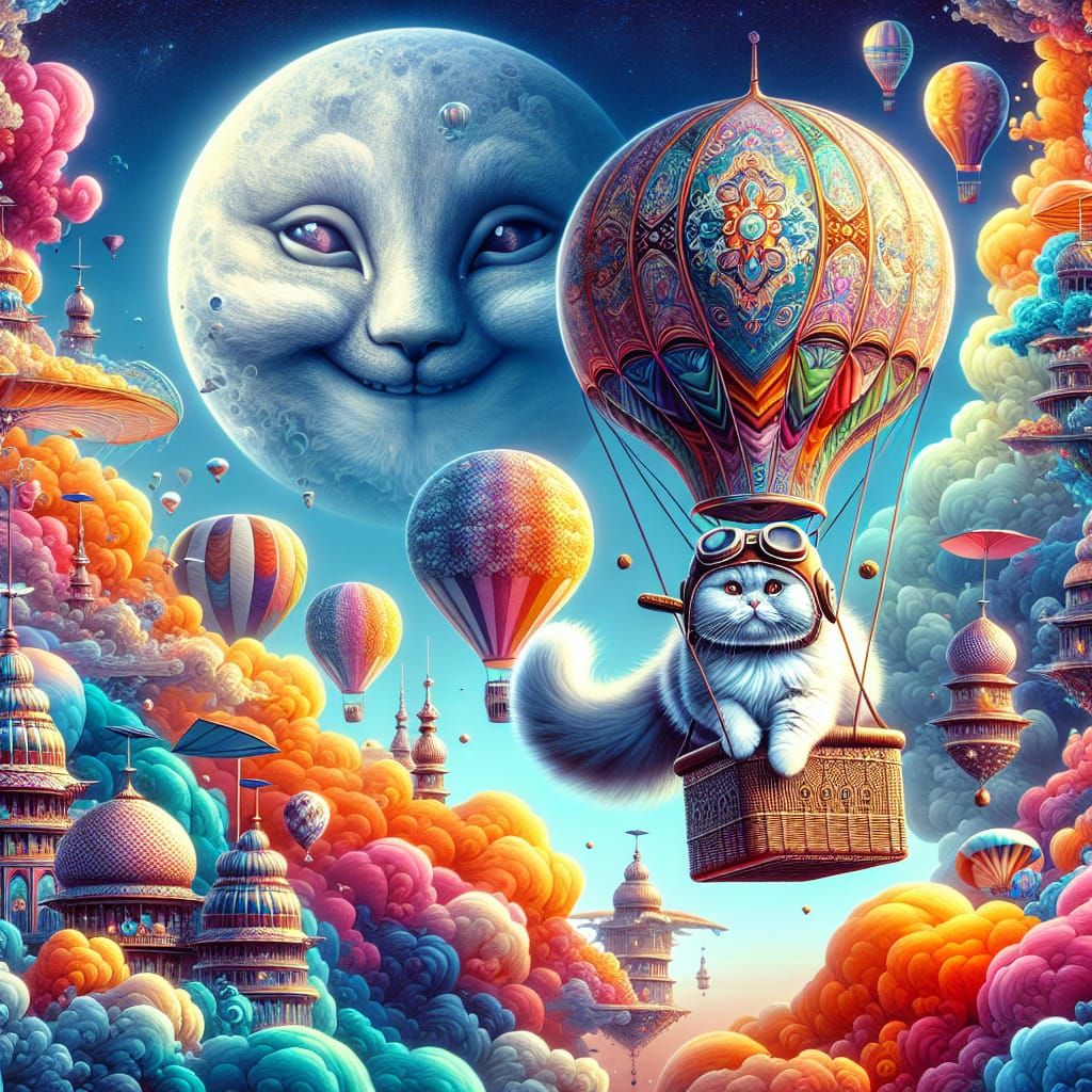 Whimsical Cat Pilots Hot Air Balloon to Smiling Moon