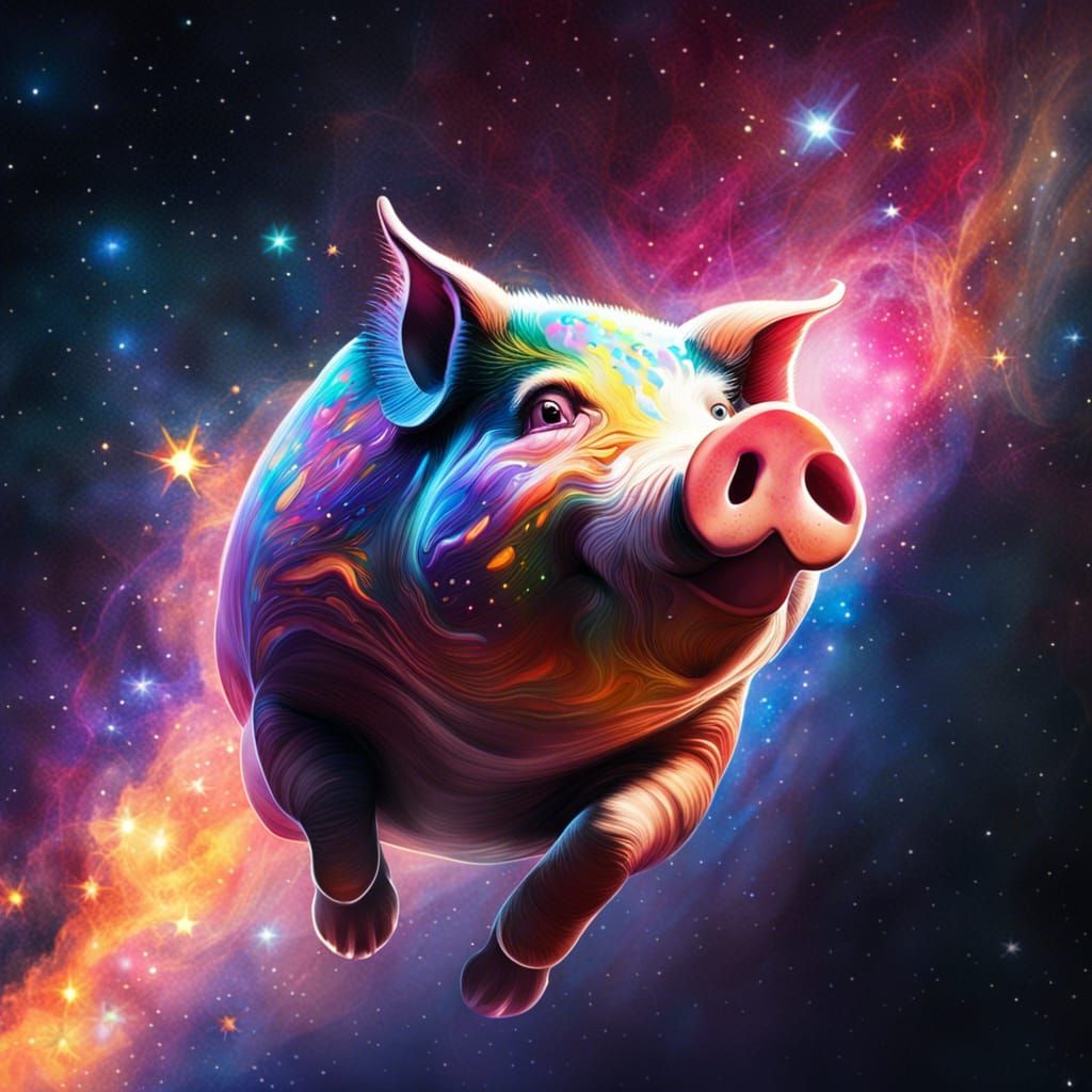Pig Flies Through Stars: Hyperrealistic Splash Art