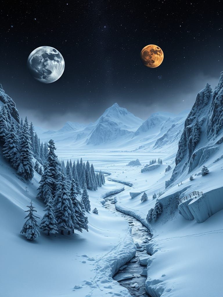 Surreal Iceberg Landscape Under Ethereal Moons