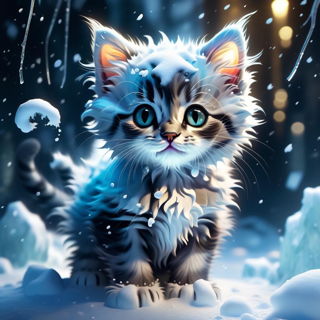 Adorable Snow Kitten Portrait in Digital Art Style