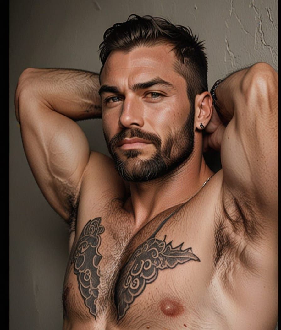 Confident Rugged Man with Tattoos and Chest Hair